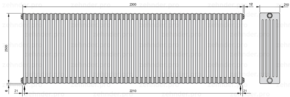 Схема (чертеж) Радиатор Zehnder Charleston 6250/50 №3570 Белый глянцевый RAL 9016